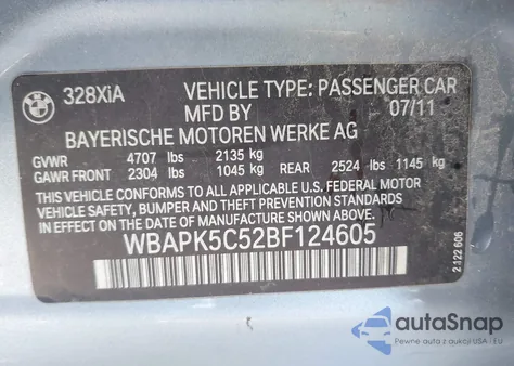 2011 BMW 328I xDrive из США, поврежденный, VIN WBAPK5C52BF124605